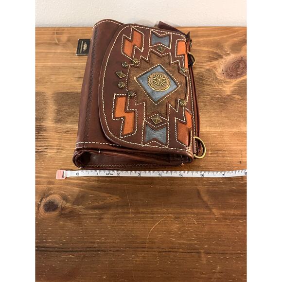 American West Genuine Leather Tooled Crossbody Bag Wallet Boho Western Studded - Picture 13 of 16